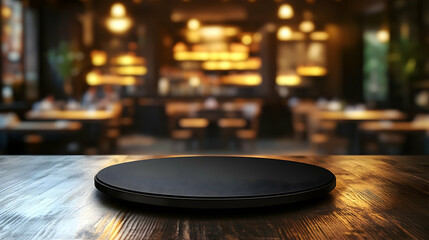 Black round tabletop with blurred restaurant background and warm ambient lighting