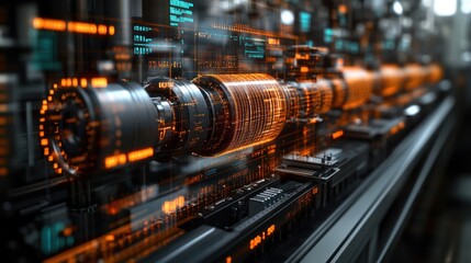 Futuristic machinery with digital overlays and glowing elements.