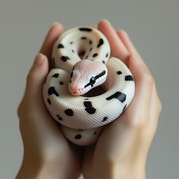 Cute little albino python with black spots held gently in hands
