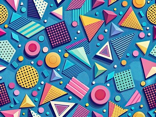 Obraz premium Abstract Colorful Minimalist Geometric Wallpaper with Trendy Memphis Style Pattern and Ample Empty Space for Creative Design and Modern Aesthetic Appeal