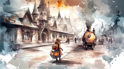 Obraz premium Vibrant Scene of a Bustling Train Station: Passengers with Luggage Heading to Platforms – Perfect for a Dynamic Travel-Themed Poster in Any Space!