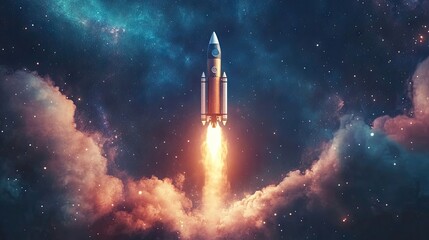 Vintage rocket in a starry sky creates a captivating space poster template. The background offers ample copy space for personalized decoration, enhancing the overall design.