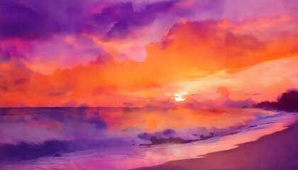 Obraz premium Dreamy Watercolor Sunset Sky with Radiant Layers of Orange, Pink, and Purple Hues, Capturing the Soft, Tranquil Beauty of a Summer Evening Horizon. Ideal for Calming Backgrounds or Artistic Designs
