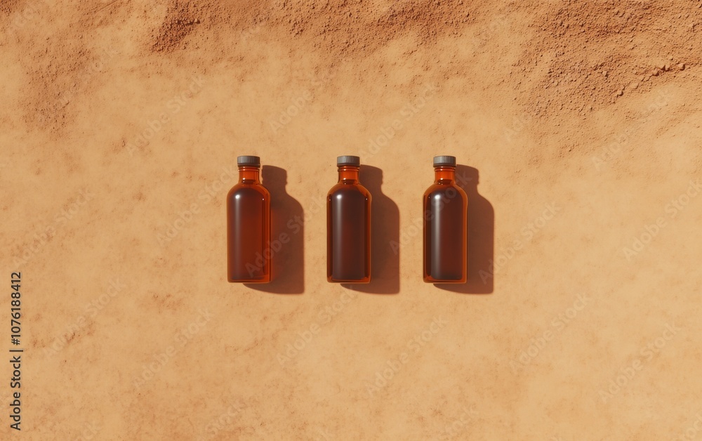 Poster contemporary product showcase three dark brown bottles floating on sandy background