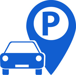Parking icon, vintage parking sign with location in blue isolated on white. Vector, designer illustration.