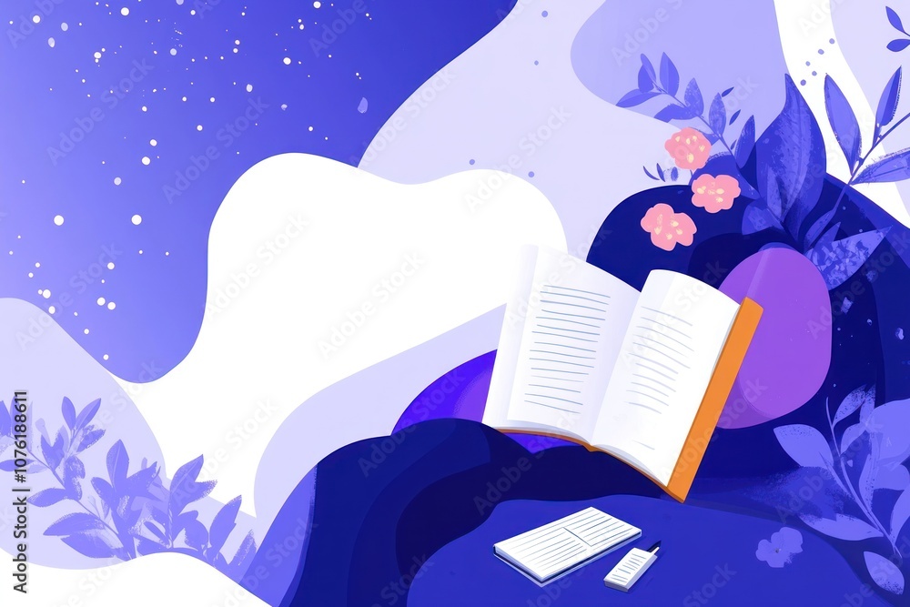 Poster an open book on a stylized background with flowers and abstract shapes.