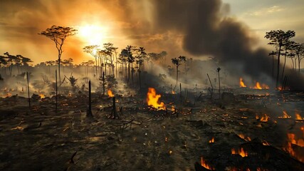 Burning Rainforest Landscape, fire, smoke, deforestation, climate change, global warming