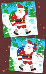 Difference game with Santa delivering sack full of presents. Find 7 differences picture puzzle.
