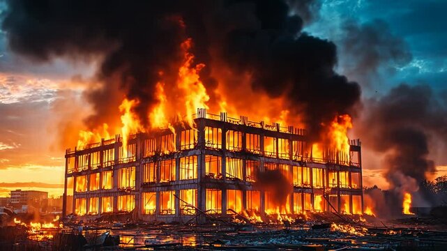 Building engulfed in flames during a fire, blaze, inferno, burning, structure, destruction