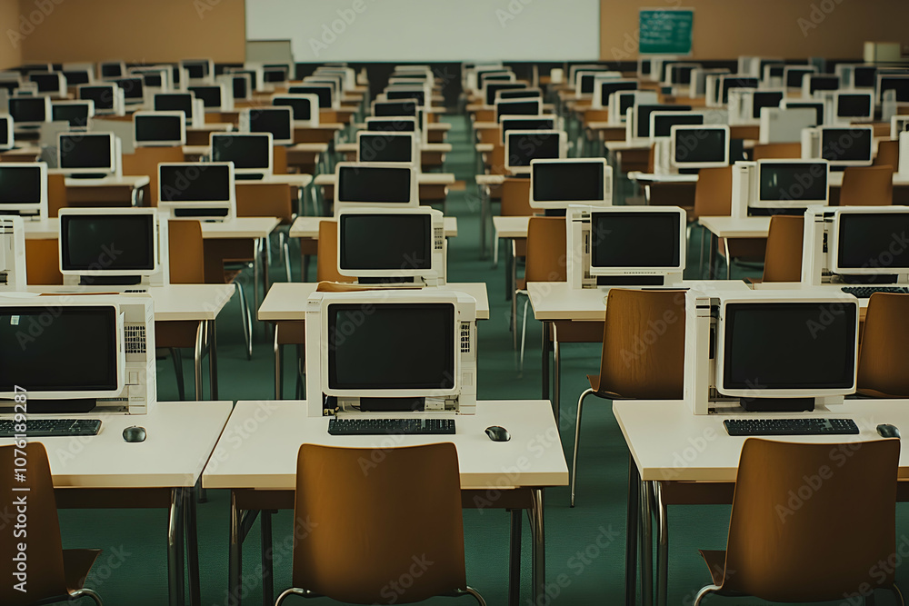 Poster computer lab with rows of monitors and keyboards, clean educational setting