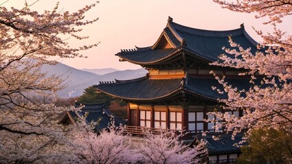 Fototapeta premium Serene Cherry Blossom Tree Landscape Surrounding Traditional Asian Architecture at Sunset with Majestic Mountains in the Background