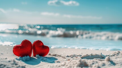 Fototapeta premium Red Hearts on a Sandy Beach
