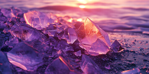 Ice Crystals at Sunrise: A close-up of shimmering ice crystals on a sandy beach, bathed in the warm glow of sunrise, evokes a sense of tranquility and ethereal beauty. 