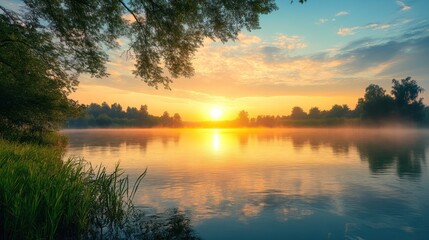 Fototapeta premium Golden Sunrise Over Calm River