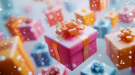 Fototapeta premium Brightly colored gift box in motion against a clean white background, appearing to speed through the scene with motion trails, giving a sense of dynamic movement and excitement.