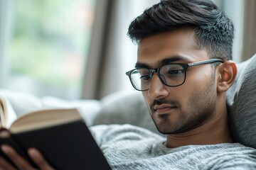 Thoughtful Man Reading Book on Couch in Relaxed Home Setting
