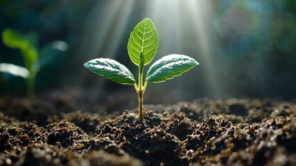 Green Sprout Emerging from Soil with Sunlight, seedling, sapling, plant, growth, new life