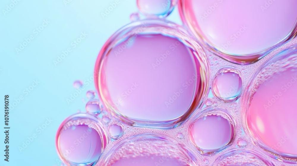 Poster bubbles filled with a soft pink hue float in a transparent liquid, creating a captivating and colorf