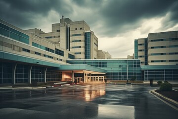 A large hospital building with a large parking lot