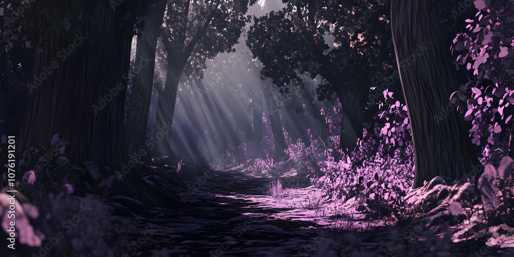 Poster enchanted forest path: a mystical journey through a purple-hued forest, bathed in ethereal sunlight.