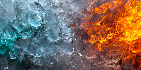 Naklejka premium Ice and Fire: A dramatic abstract image capturing the contrasting elements of nature, ice and fire. The icy blue hues of frozen water and the intense orange flames create a stunning visual. 