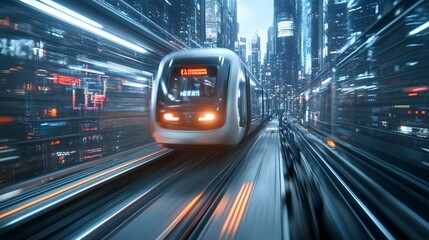 Fototapeta premium Futuristic Train Speeding Through Neon Cityscape
