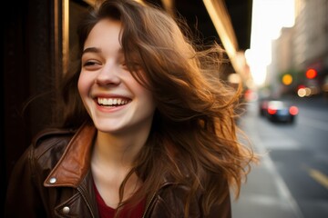 A woman with long brown hair is smiling and wearing a leather jacket