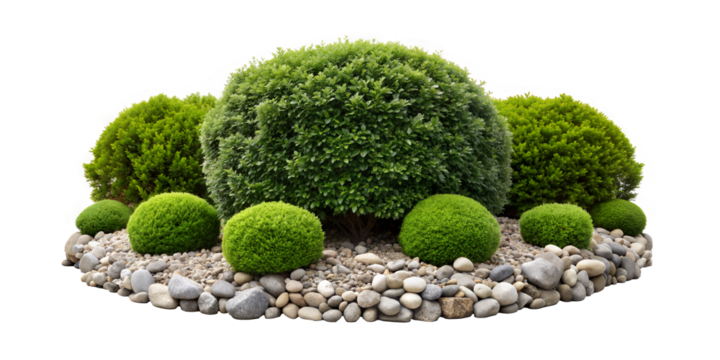 Set of Decorative Round Bushes and Shrubs (Boxwood, Cypress, Compact Juniper) Surrounded by Stone Pebbles. Isolated on White Background, Cutout, or Clipping Path.