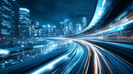 Fototapeta premium Futuristic Train Speeding Through Neon Cityscape