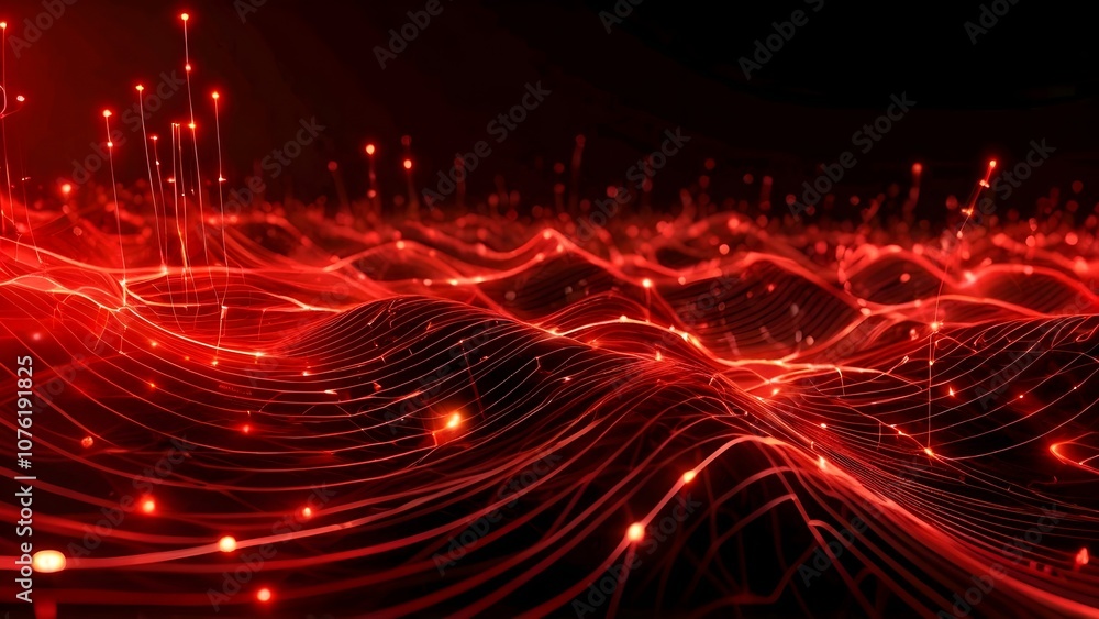Poster abstract red background with glowing stars and dynamic waves