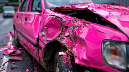 A pink car is severely damaged after a serious accident, revealing crumpled metal and debris on a busy street