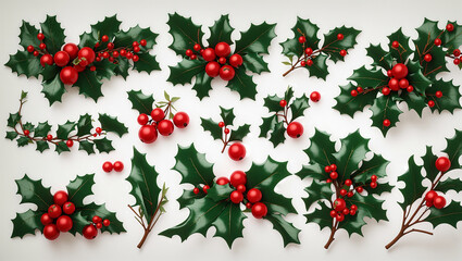 Fototapeta premium Many sprigs of holly with bright red berries, arranged on a white surface.