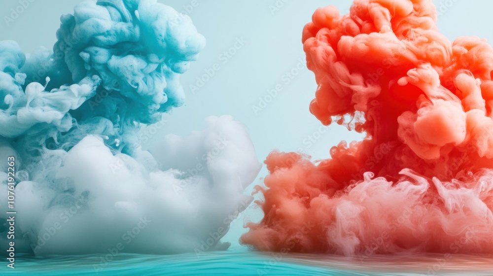 Poster red and blue ink clouds swirl and blend in water, creating a captivating spectacle of color and move
