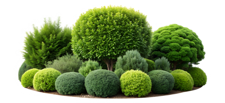 Collection of assorted evergreen bush and shrub (boxwood, juniper, cypress, and topiary laurel) arranged park. Isolated on a transparent 
background with a clipping path.
