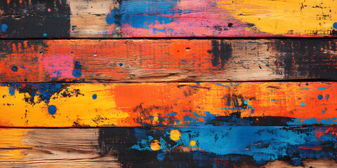 Vibrant Hues on Weathered Wood: A captivating close-up of richly painted wooden planks, showcasing a vibrant explosion of color and texture.