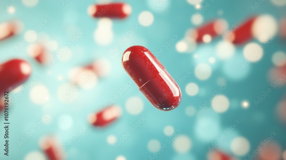 Poster bright red capsules hover in mid-air above a soft blue backdrop, creating a dynamic and colorful com