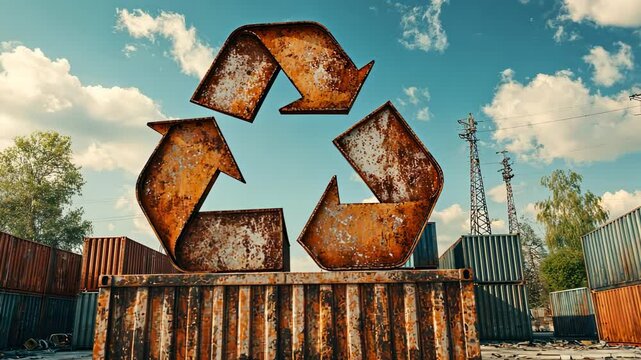 Rusty Recycling Symbol on Shipping Containers, recycle, metal, cargo, industrial, factory
