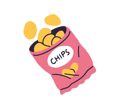 recommend clip art: Icon of open bag of tasty salty potato chips. Colored pack of appetizing crispy snack. Packaging of fried slices. Fastfood, modern fast food. Flat isolated vector illustration on white background