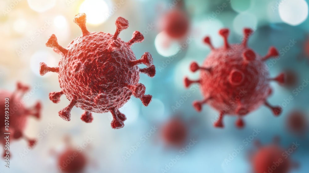 Poster red virus particles are displayed in a microscopic view, revealing their detailed surface features a