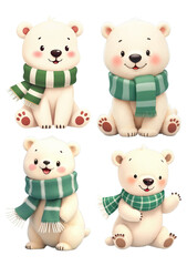 Adorable polar bear cubs in green scarves, sitting and smiling, ideal for winter or holiday-themed designs. Cute and cozy illustrations perfect for cards, decor, and seasonal projects.

