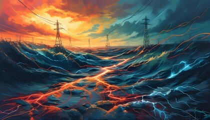 Fiery sunset silhouettes power towers against a fiery desert landscape