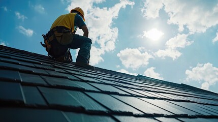 A worker repairing a roof under a bright sky with clouds, showcasing construction skills.