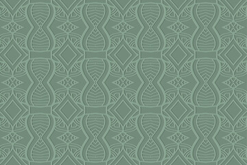 Green boho background, tribal cover design, banner. Geometric abstract 3D pattern, embossing. Textured ornaments, arabesques, mandala of the East, Asia, India, Mexico, Aztec, Peru. Ethnic print.