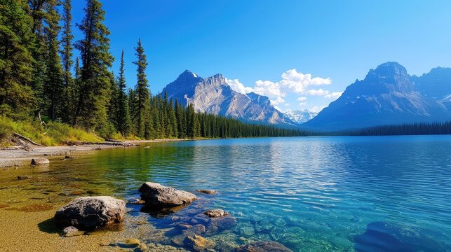 Breathtaking view of a serene lake surrounded by majestic mountains and lush greenery.