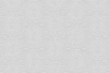 White boho background, tribal cover design, banner. Geometric 3D pattern, embossing. Textured ornaments, arabesques, mandala of the East, Asia, India, Mexico, Aztec, Peru. Ethnic print.