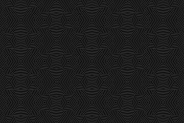 Black boho background, tribal cover design, banner. Geometric stylish 3D pattern, embossing. Textured ornaments, arabesques, mandala of the East, Asia, India, Mexico, Aztec, Peru. Ethnic print.
