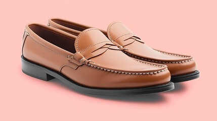  Soft beige loafers against a dusty rose background with a subtle grainy texture, evoking an elegant yet relaxed mood. 