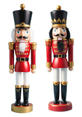 Two classic wooden nutcracker soldiers in festive red and gold uniforms with tall hats and detailed designs. Iconic Christmas decor, standing upright, traditional holiday ornament. 