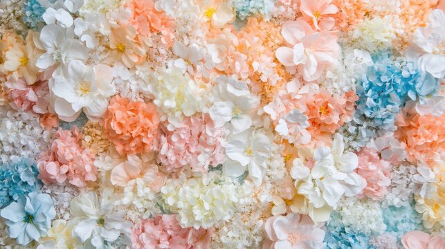 A lush backdrop of pastel flowers showcases a variety of delicate blooms in soft shades, perfect for a spring-themed event or decor
