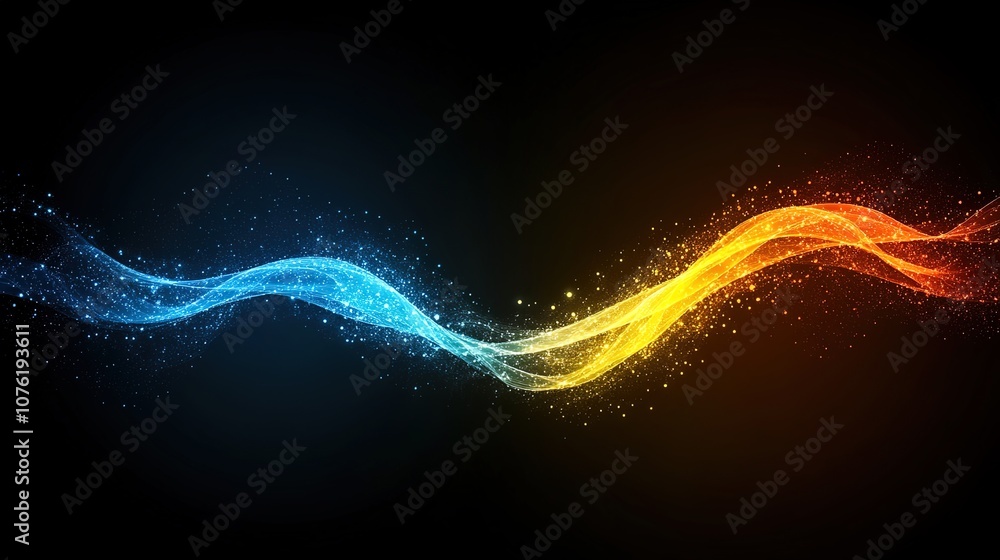 Poster colorful abstract waves with glowing particles representing energy flow and movement in a dark space